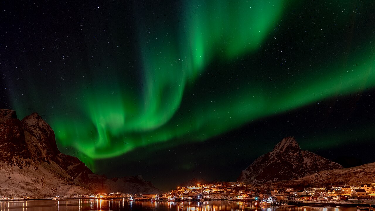 Northern lights above Reine in Norway's Lofoten Islands during winter