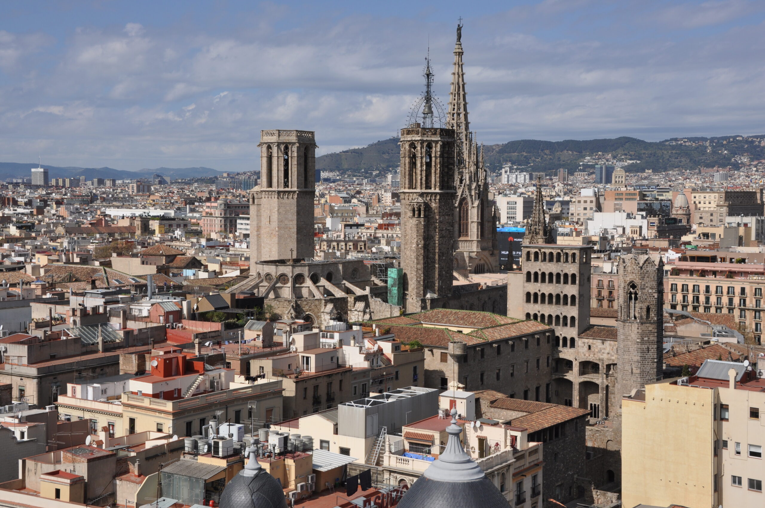 Barcelona Cathedral rising above the historic buildings of the Gothic Quarter