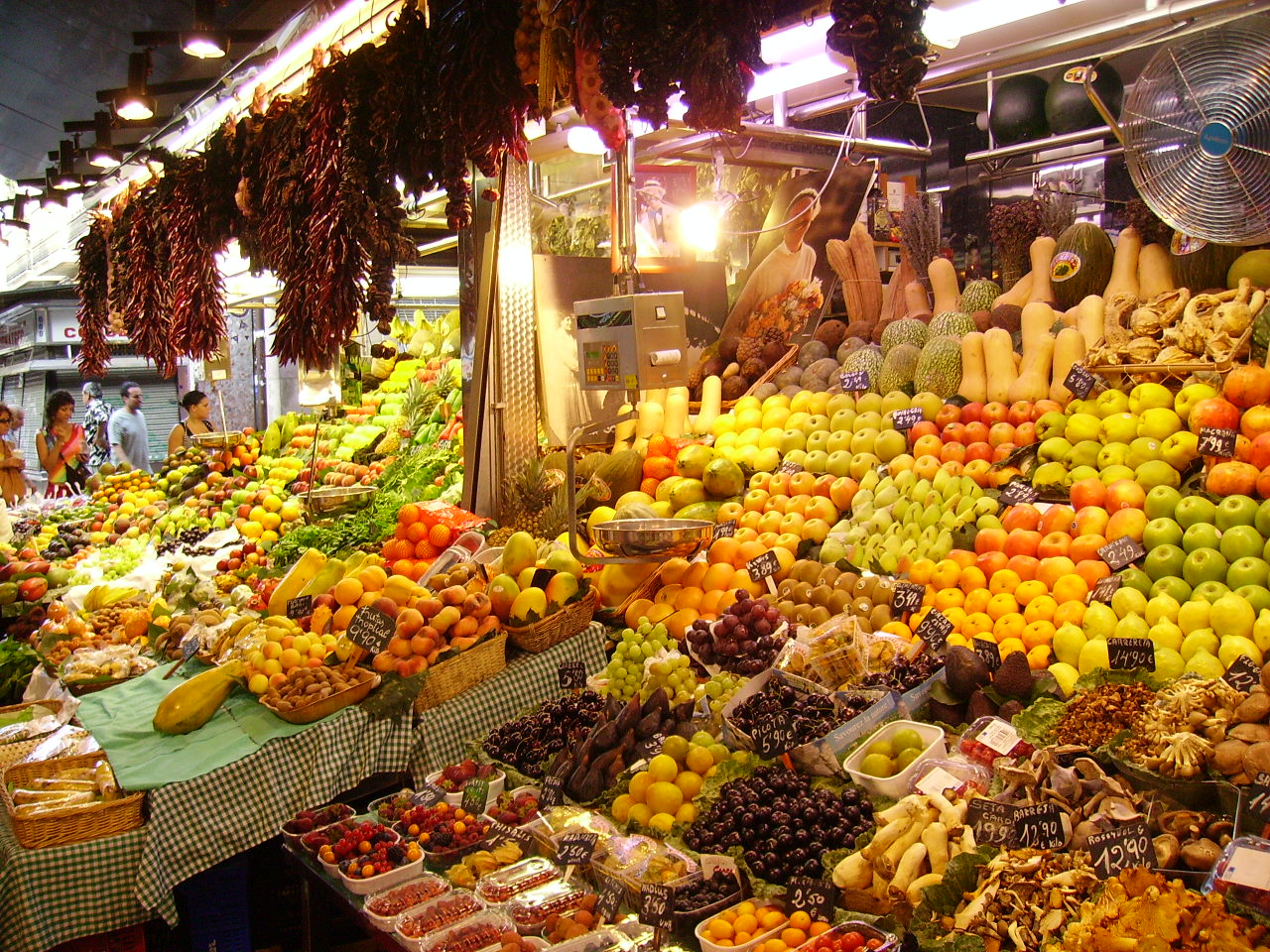 Inside La Boqueria market in Barcelona with its food stalls and market produce