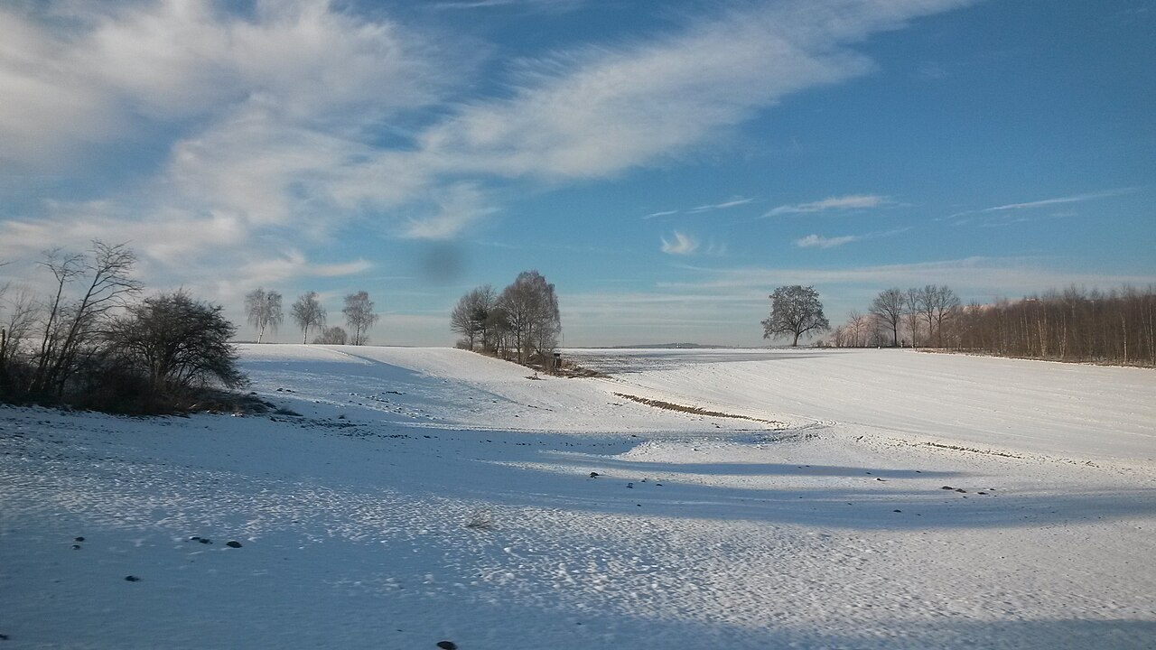 Snow-covered fields seen from an ICE train traveling through Germany in winter