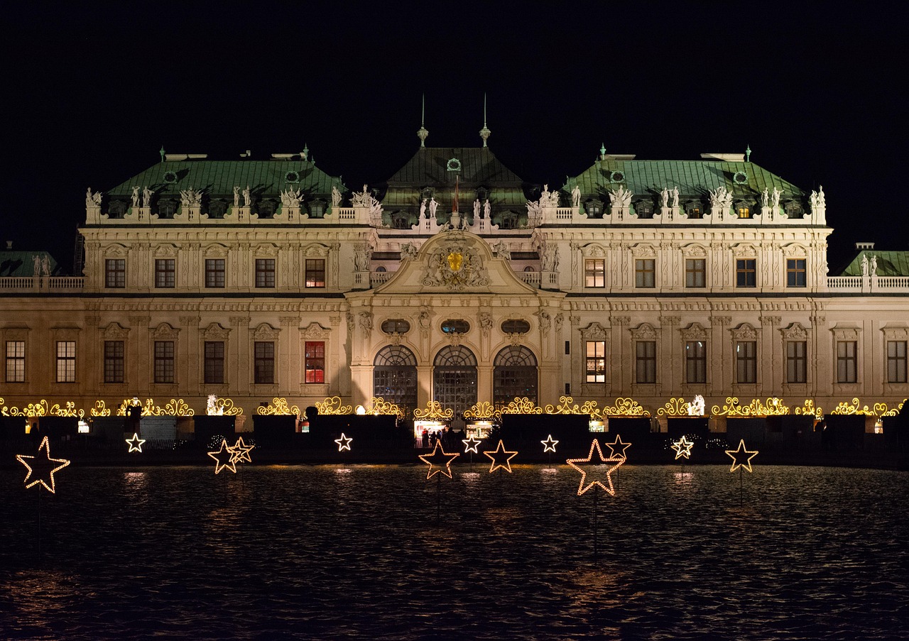 Belvedere Palace in Vienna illuminated with festive lights after dark
