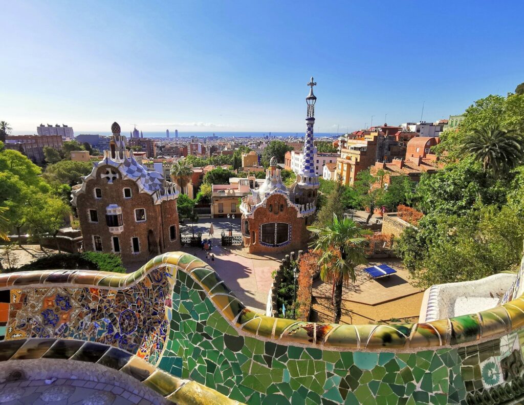 Mosaic terrace and panoramic city views at Park Güell