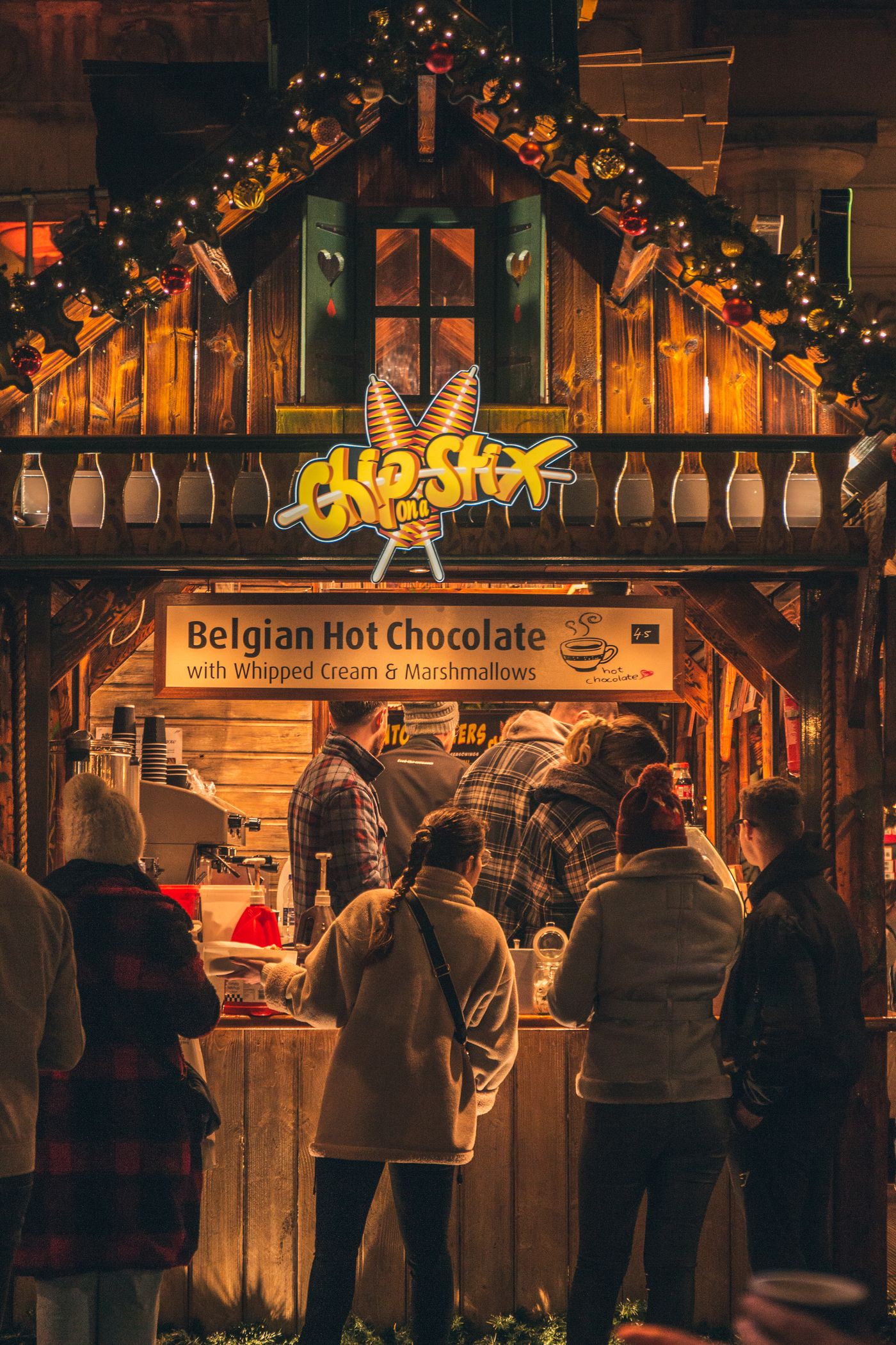 A hot chocolate stall serving visitors at Edinburgh Christmas Market