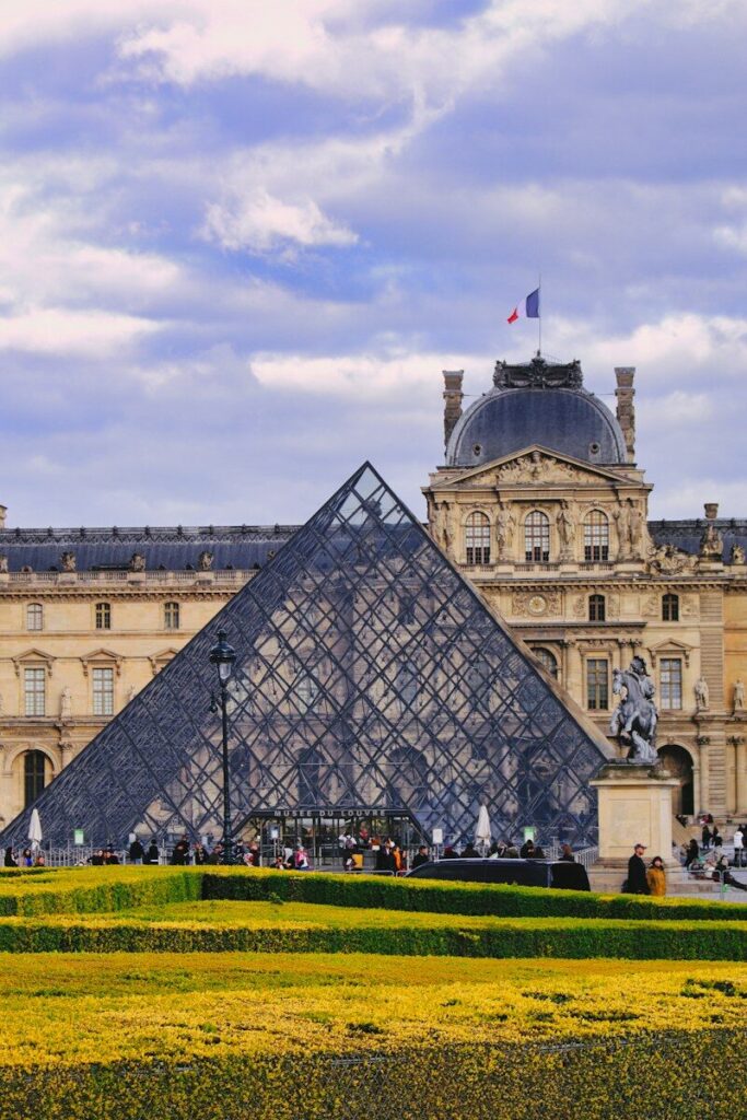 Louvre Pyramid in the courtyard of the Louvre Museum in Paris